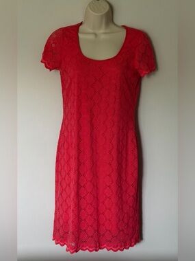 Ronni Nicole Bright Coral Stretch Lace Midi Dress